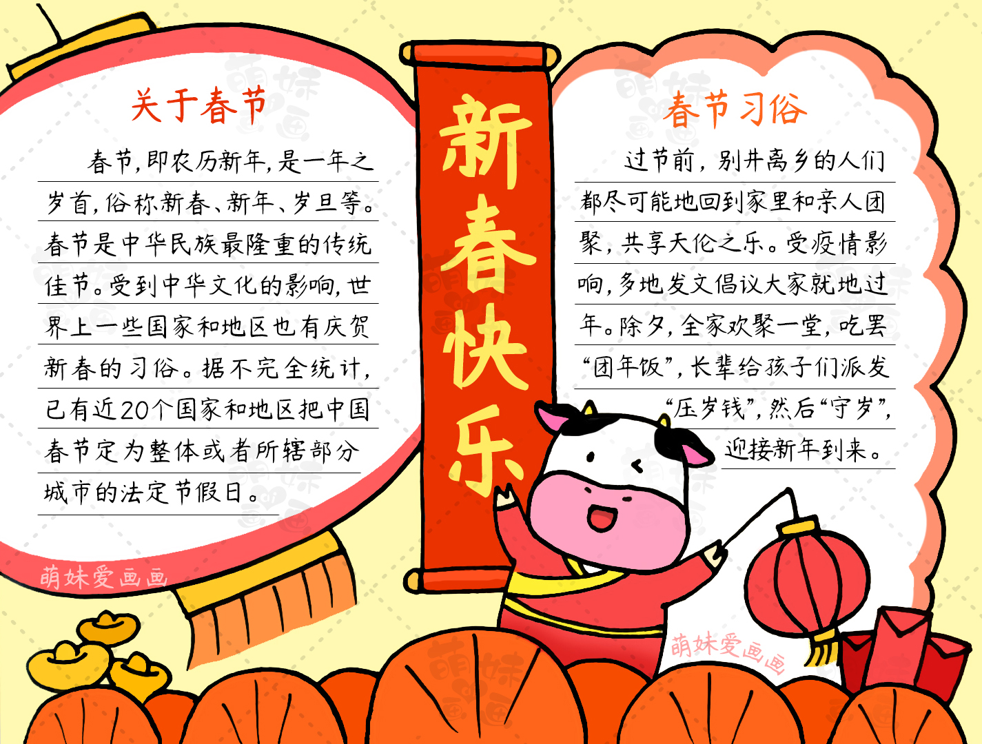 小学生2021牛年春节手抄报,简单又漂亮,含内容文字