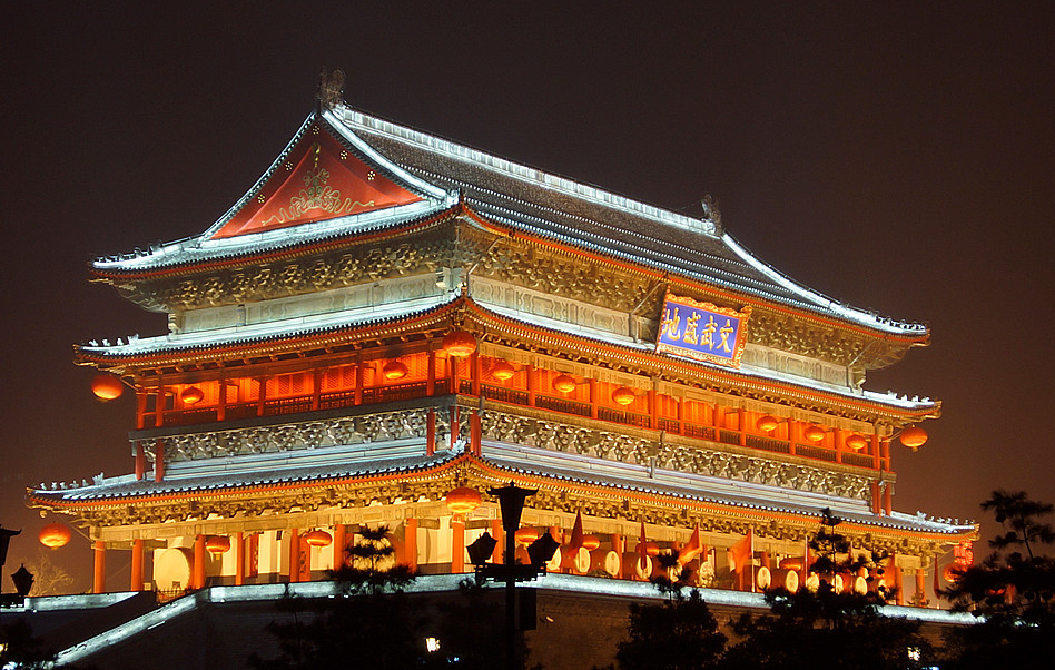 西安旅游,夜景,钟鼓楼