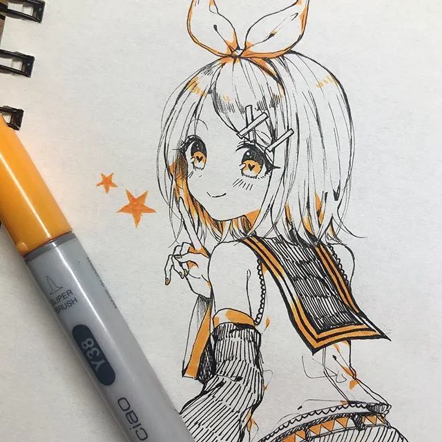 【马克笔插画】线稿 上色 卡通动漫少女 新手临摹素材