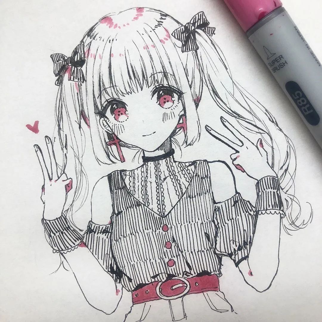 【马克笔插画】线稿 上色 卡通动漫少女 新手临摹素材