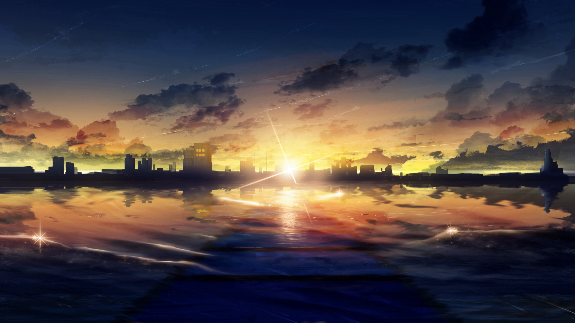 动漫夕阳风景插画桌面壁纸