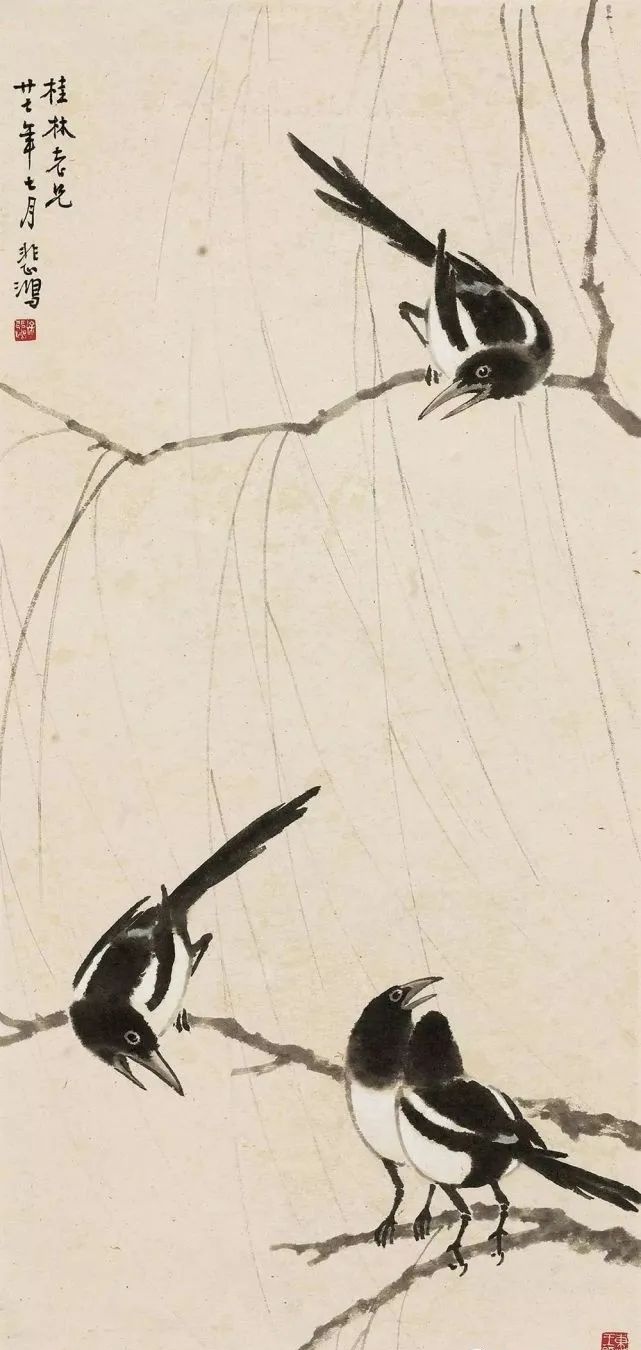 喜鹊是中国画的传统题材之一,徐悲鸿多次以喜鹊图赠友,暗含