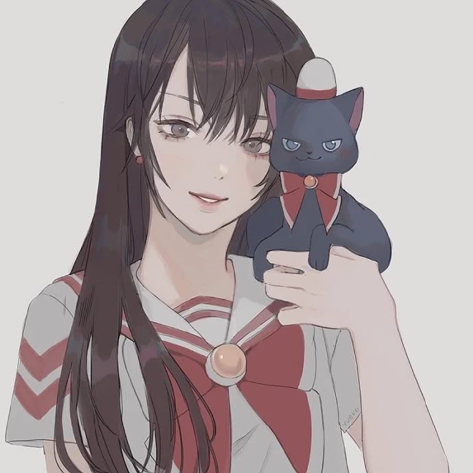 动漫头像:肩上有只猫咪的女孩,有头长发