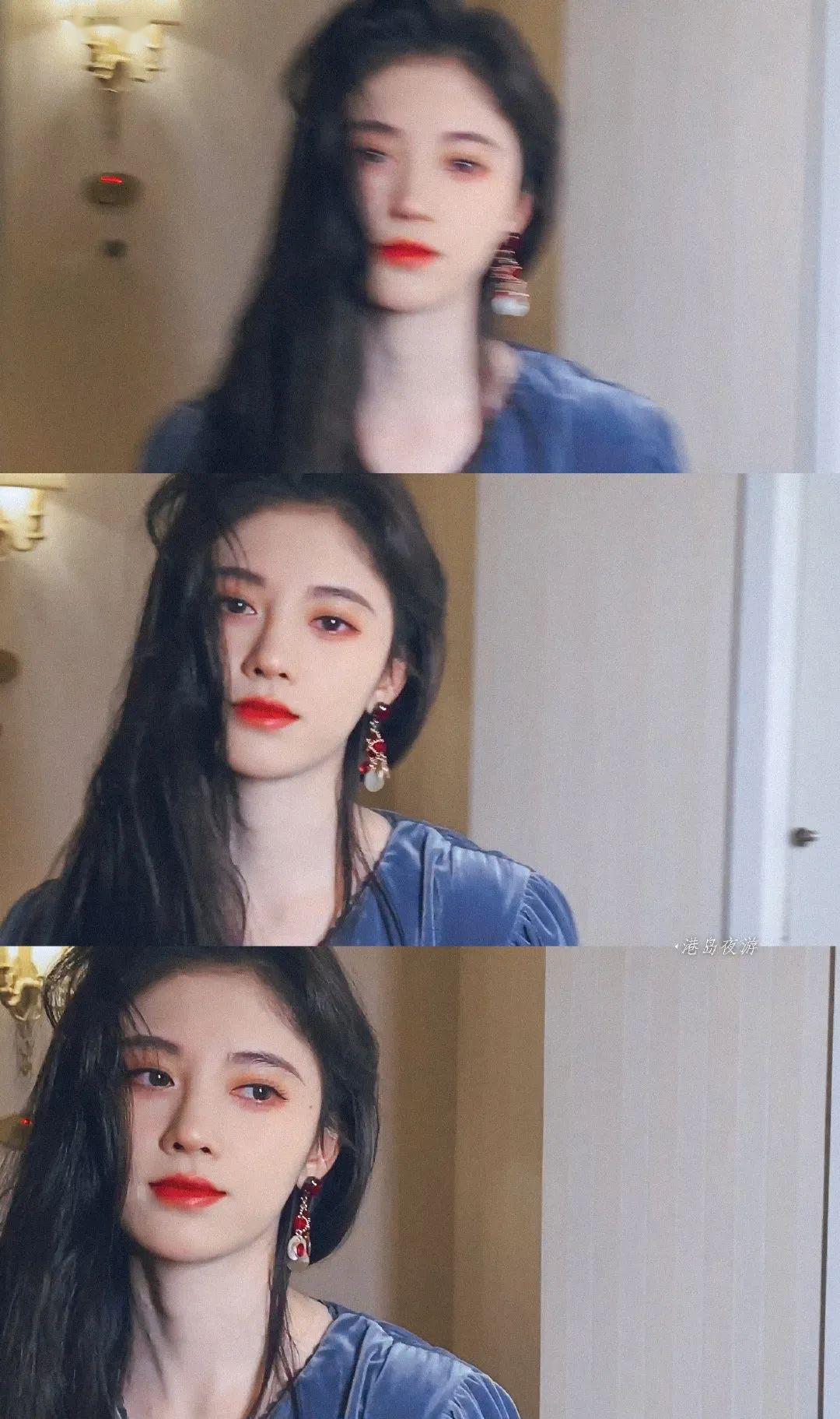 鞠婧祎的妆感也是偏复古港风的,蓬松的头发……dbq没有淡黄的长裙.