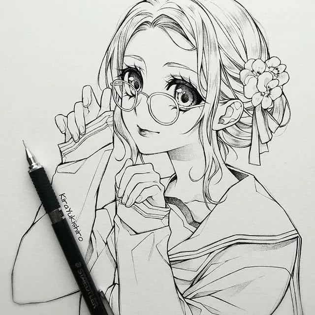 【铅笔针管笔】美少女手绘动漫人物素材临摹