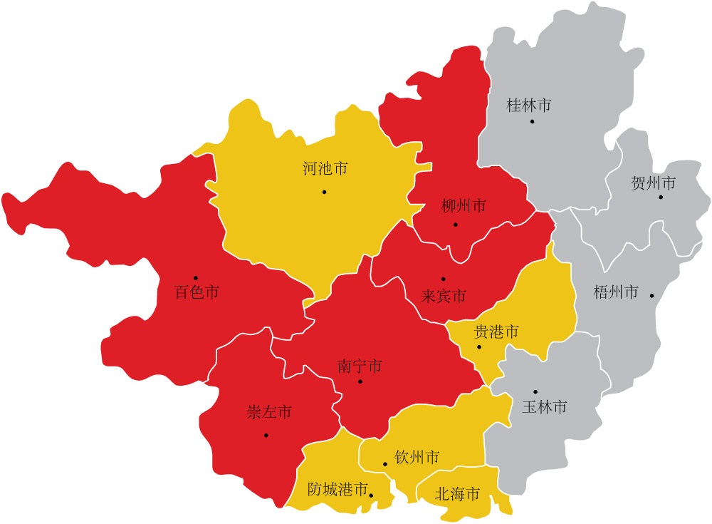 广西行政地图结尾语:横县,宾阳县,全州县,藤县,灵山县,博白县
