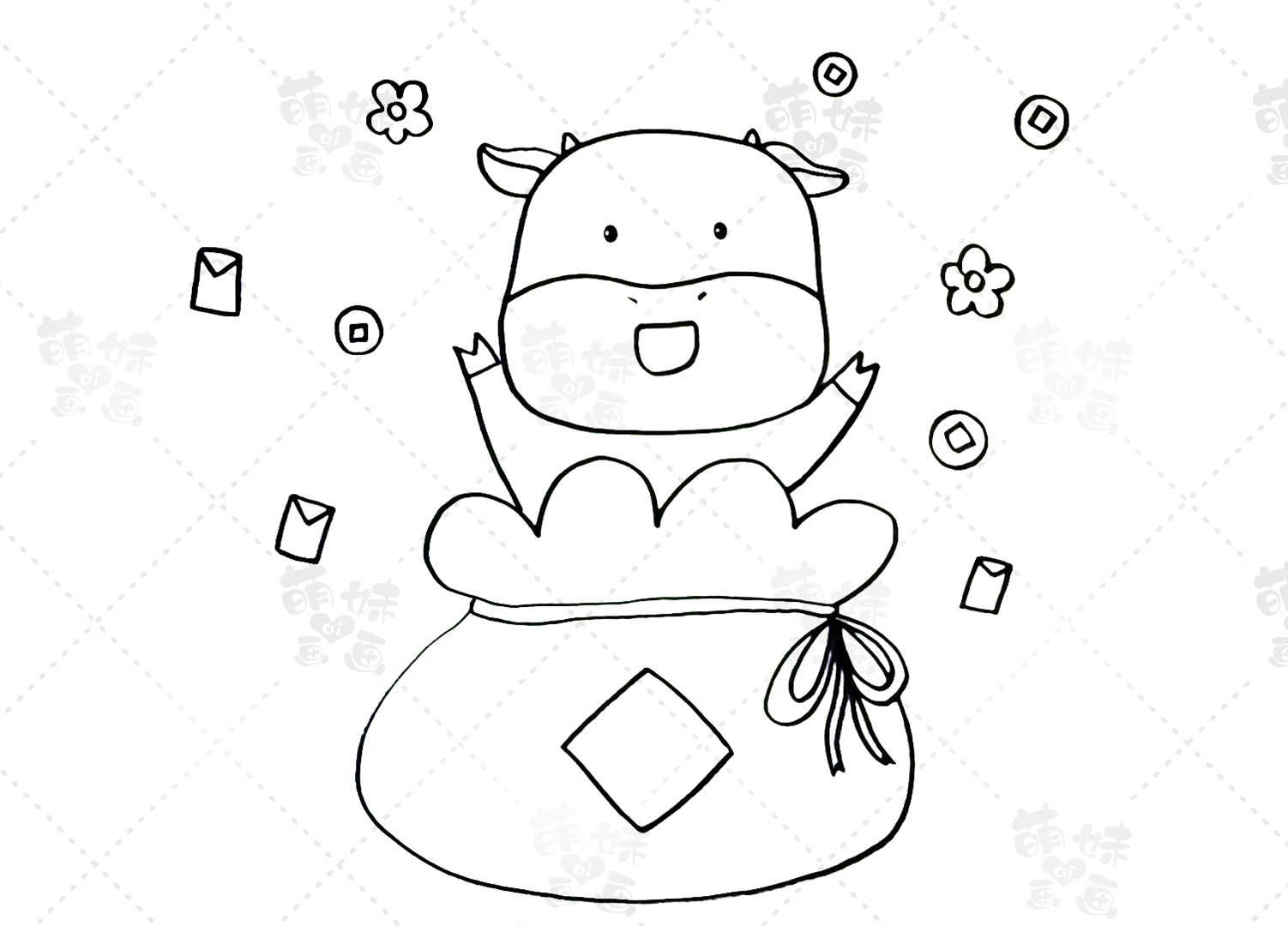 小牛,简笔画,牛年,萌妹,大吉,葫芦,花灯,贺新春,对联