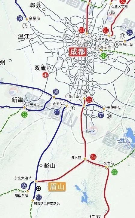 眉山市境内规划2条市域铁路,分别为成都市域铁路s5线和成都市域铁路s1