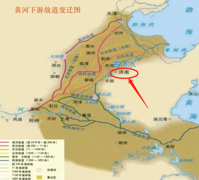 济南,因位于古济水(现在的黄河下游水道)之南而得名.