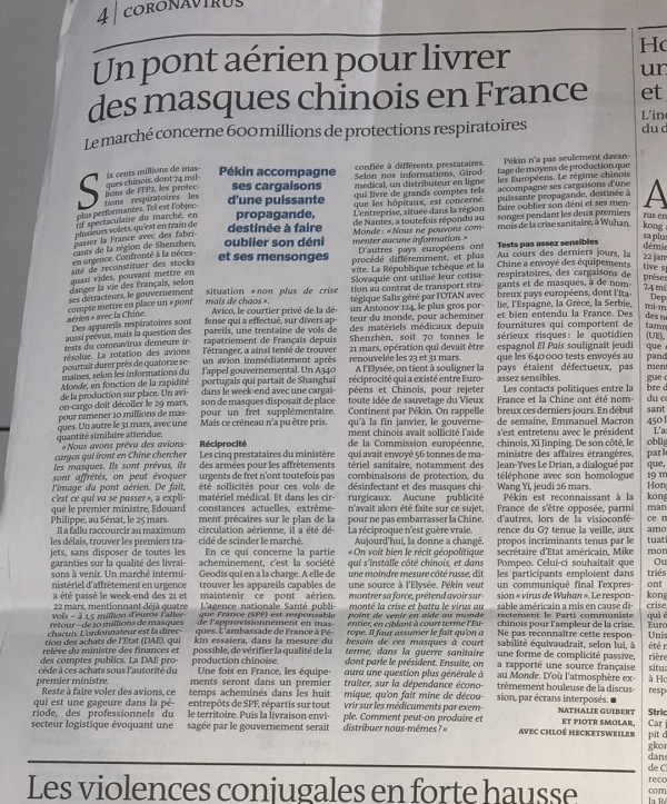 『医用物资』550万个中国口罩运抵巴黎，法国媒体却说“中国撒了两个月的谎”