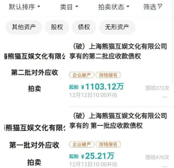 王思聪名下企业“熊猫互娱”被拍卖超1100万债权，拍下等于“接盘侠”？